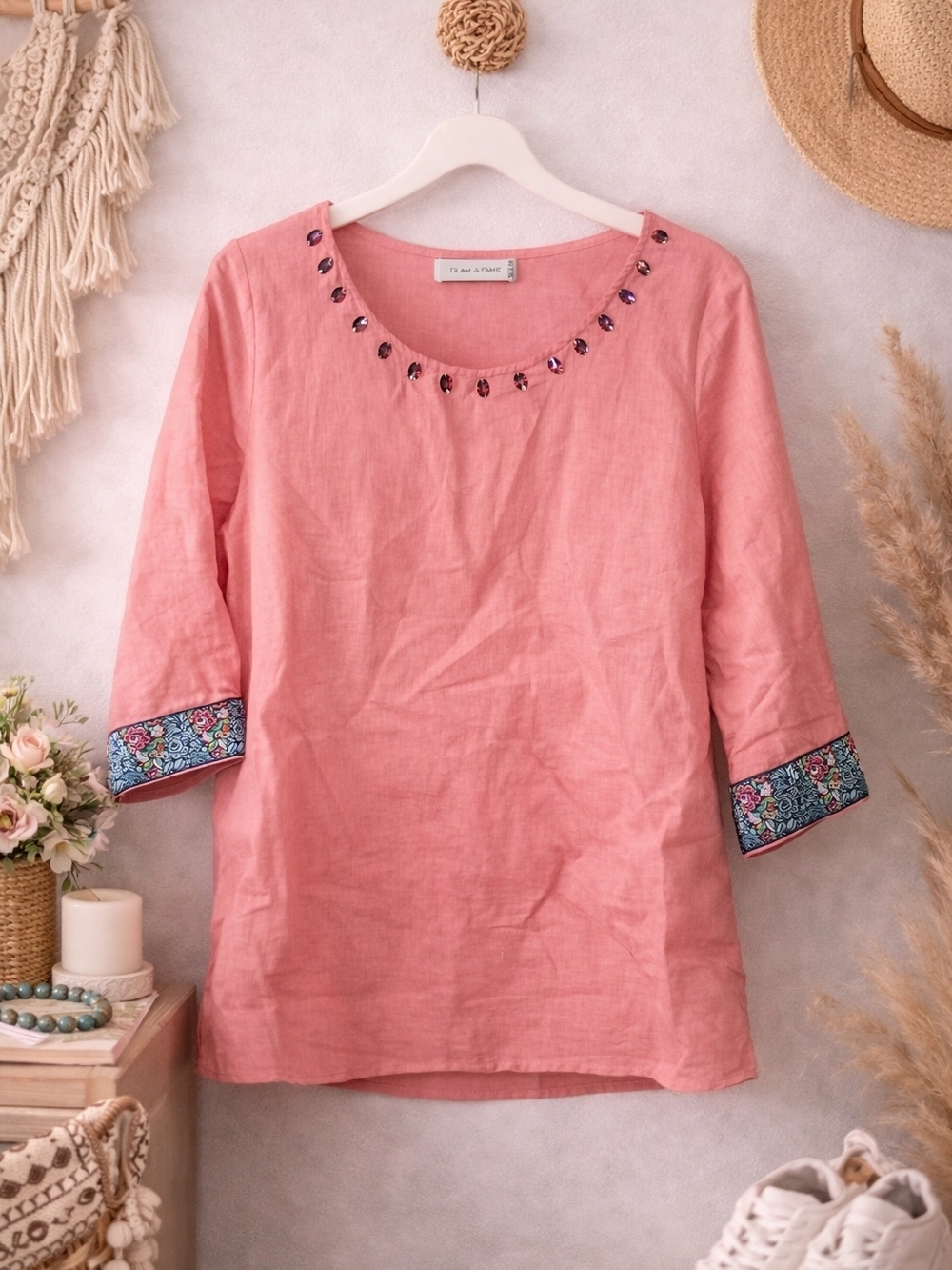 Glam + Fame 80% Linen Blouse Medium Pink Embellished Boho Cottagecore Top